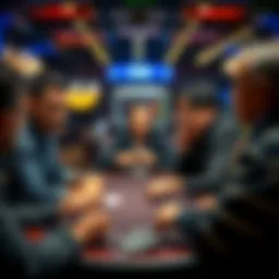 A group of people playing poker around a table, focused on their cards and chips, creating an engaging atmosphere.