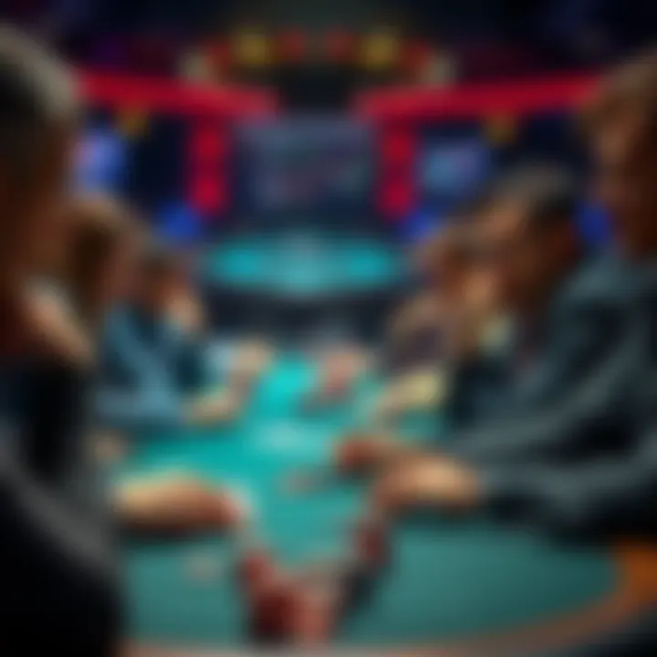A group of poker players in a tense game, contemplating their hands and strategies while chips and cards are laid on the table