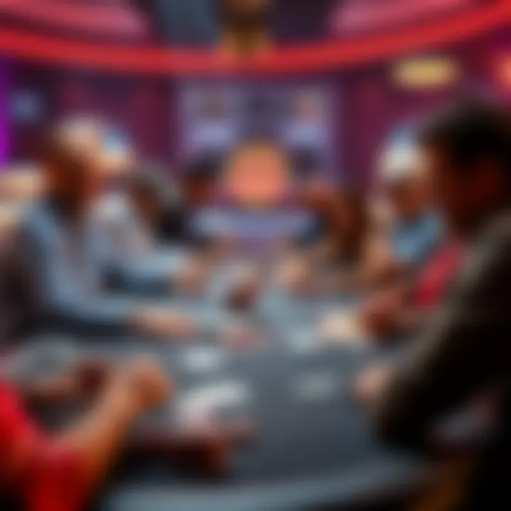 A group of players at a poker table with chips and cards during a tournament