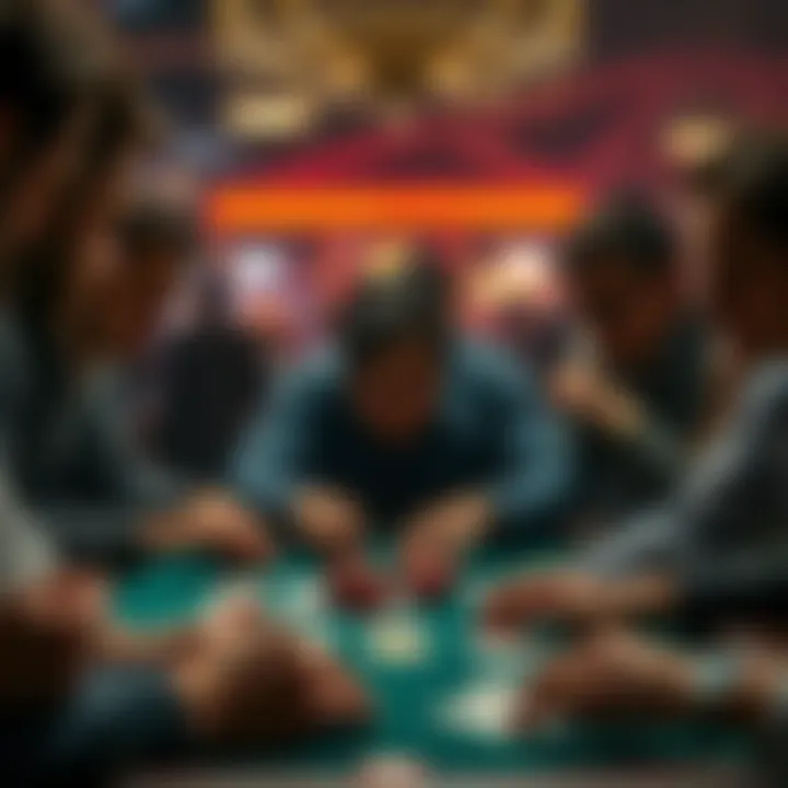 A group of people playing poker at a table, focused on their cards and chips, showing emotions of concentration and tension.