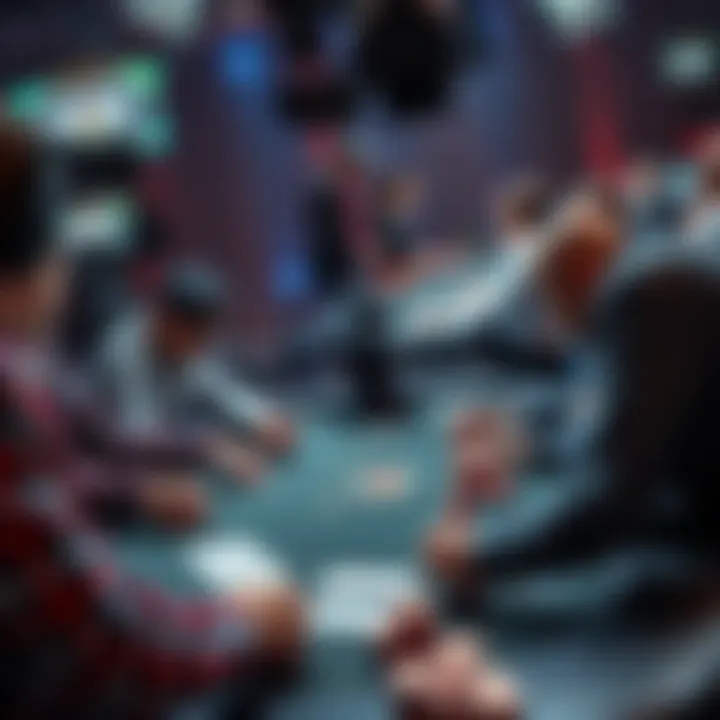 A close-up view of a televised poker game with players focused at the table, cameras capturing the action, and cards and chips visible, indicating high-stakes competition.