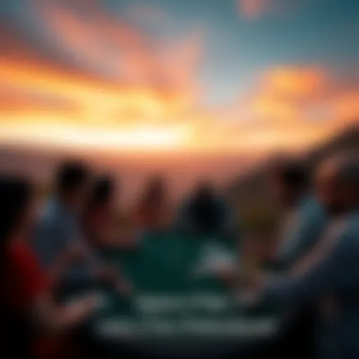Group of people playing poker outdoors with a scenic backdrop of mountains and sunset