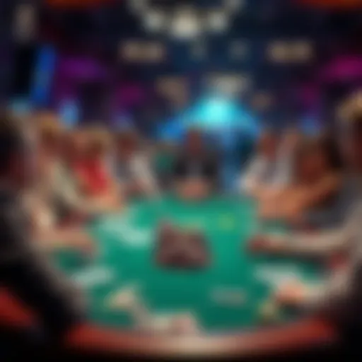 A group of players at a poker table with cards and chips, discussing strategies.