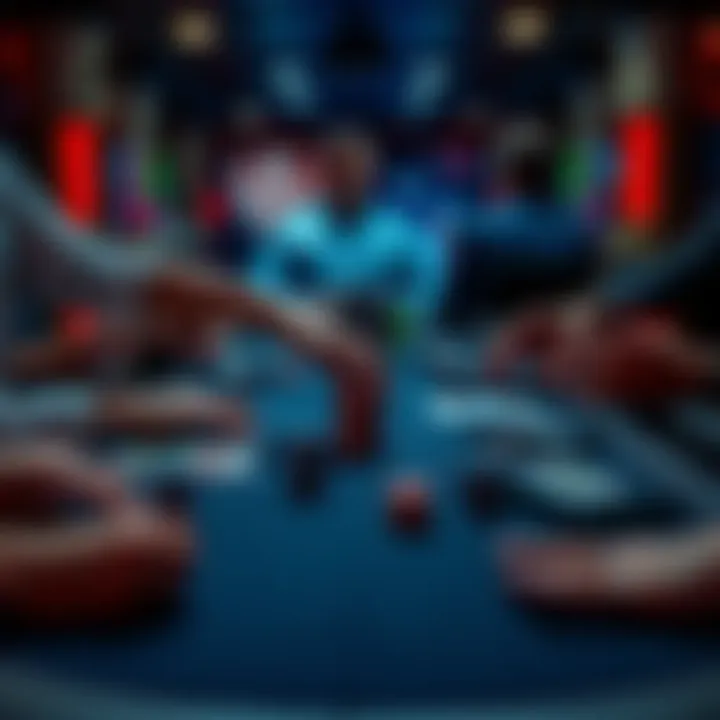 A poker game table with players focusing on their hands and chips, illustrating the intensity of the game and its impact on players' well-being.