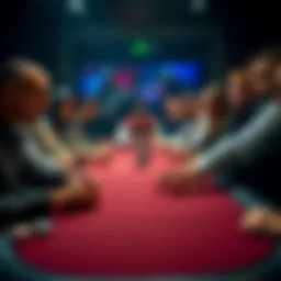 A poker table filled with focused players, showing tense expressions and competitive demeanor during a game.