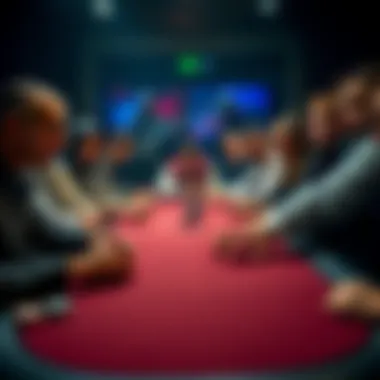 Poker Game Table with Challenging Players A poker table filled with focused players, showing tense expressions and competitive demeanor during a game.