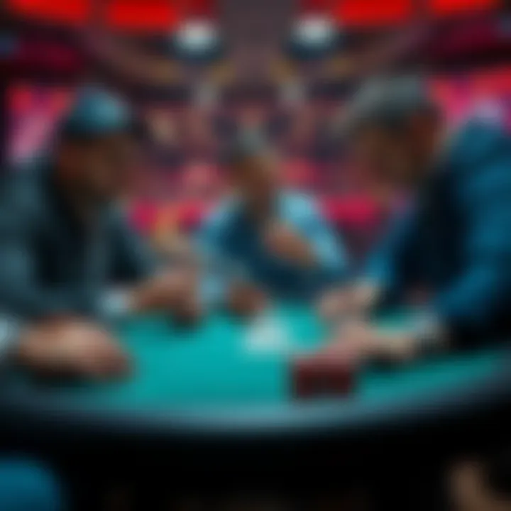Three players at a poker table looking at their cards, discussing the pot after two rounds of play