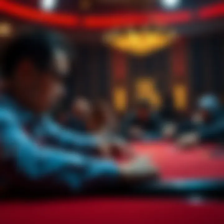 A nervous player watching a high-stakes poker game with large bets on the table
