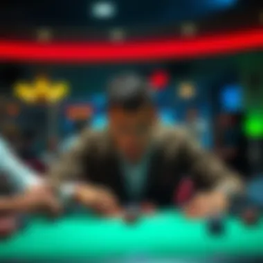 Poker Game Tension A tense poker table scene where a player looks worried while considering an all-in bet after getting a full house