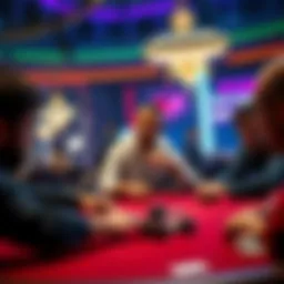 Poker game in Vegas A tense poker game scene with players at the table, showing one player reacting to an unexpected tie, while another player looks surprised.