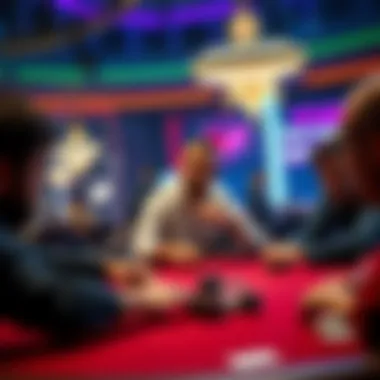 Poker game in Vegas A tense poker game scene with players at the table, showing one player reacting to an unexpected tie, while another player looks surprised.