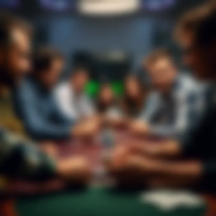 A group of friends gathered around a table playing poker, focused on their cards and chips. There is a mix of expressions showing concentration and excitement.
