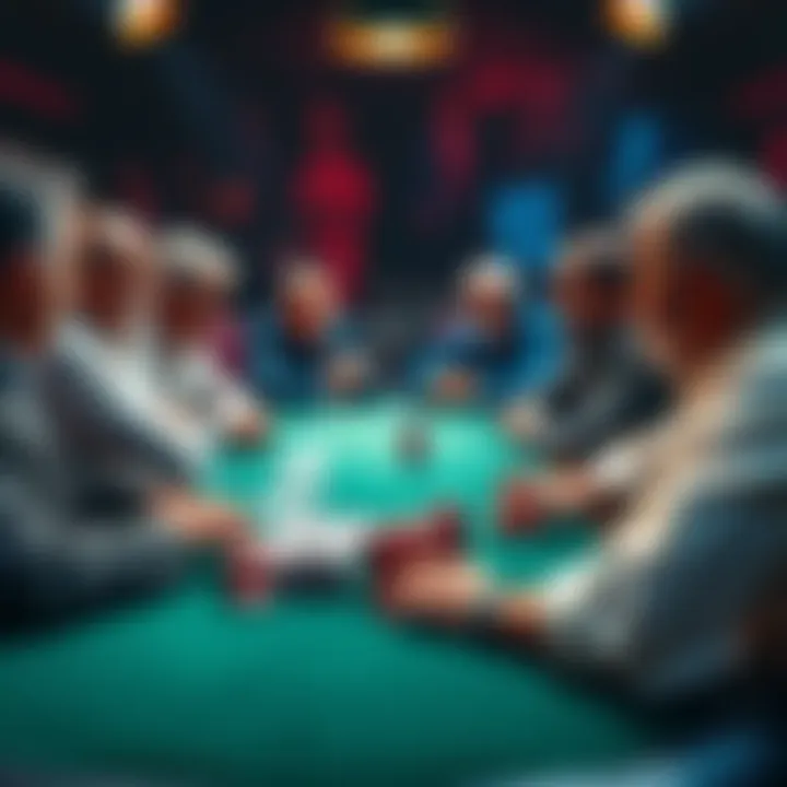 Poker Hall of Fame Discussion A group of people discussing poker achievements and Hall of Fame criteria around a table with playing cards and chips.