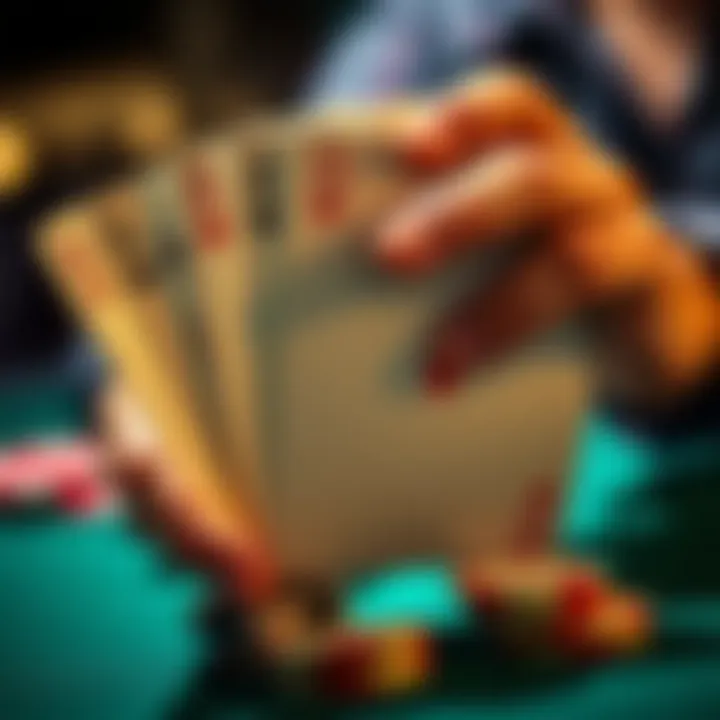 A player deciding on a poker strategy after the flop with A10 of diamonds, debating a risky shove