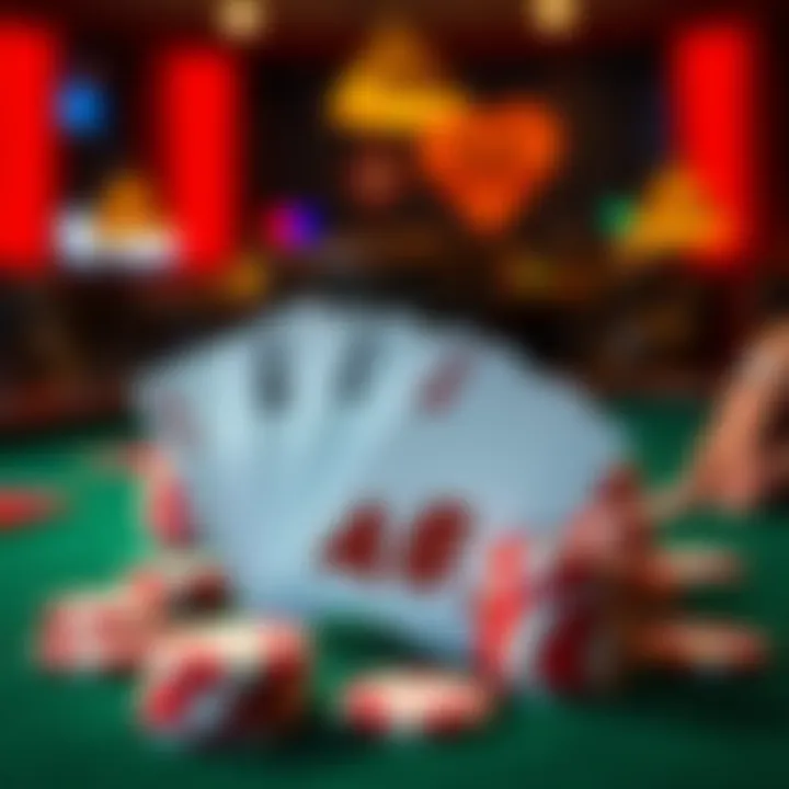 A poker table showing a player's hand with A6, A7, and A8 cards in focus, surrounded by chips