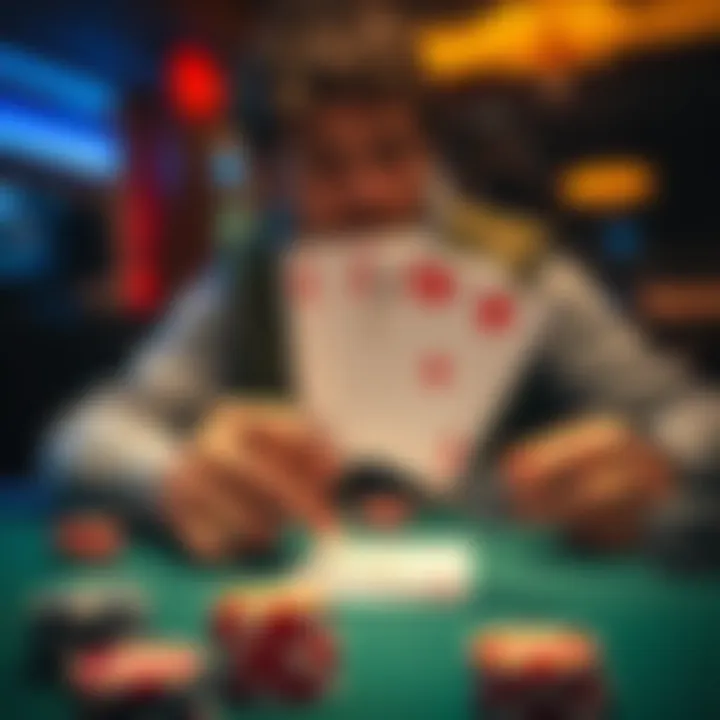 Poker hand with AK of hearts A player analyzing their poker hand with AK of hearts while sitting at a table with chips and cards.