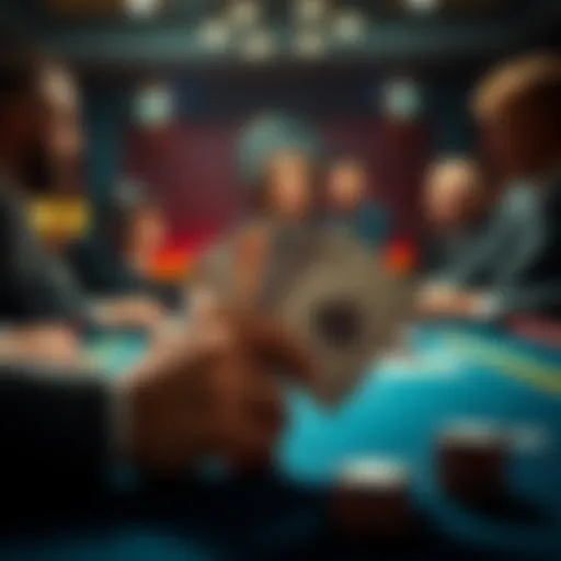 A poker table showing a player holding an Ace and Ten cards, looking focused while facing aggressive opponents.