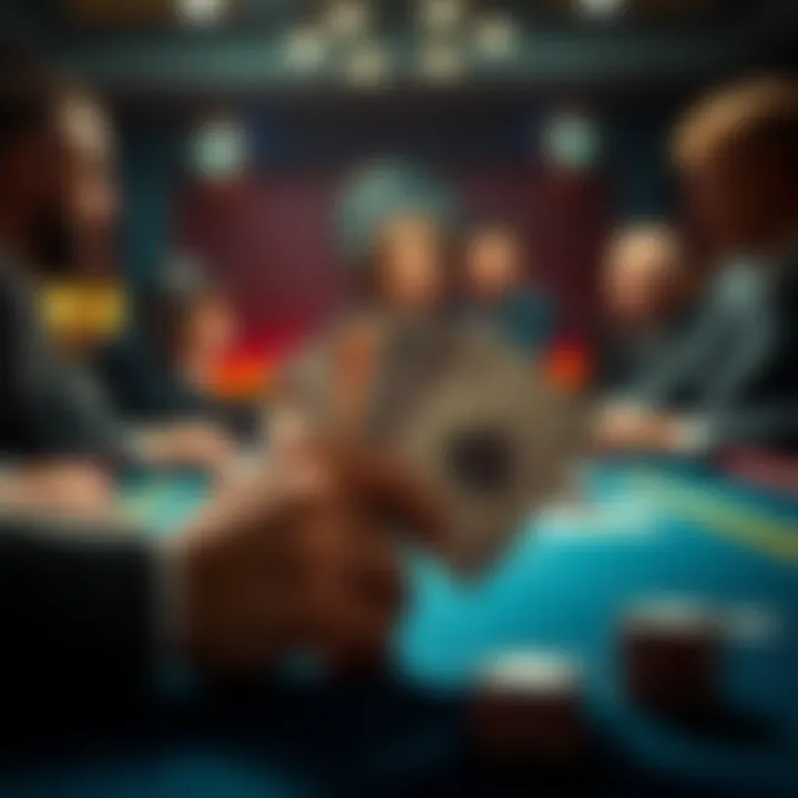 A poker table showing a player holding an Ace and Ten cards, looking focused while facing aggressive opponents.