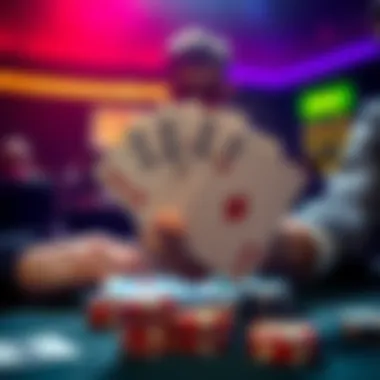 Poker hand with Aces A poker table showing a player holding two Aces, contemplating their next move in a cautious manner, while chips and cards are visible.