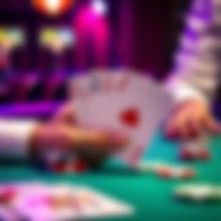 A poker table showing the player's hand with Ace of diamonds and 9 of diamonds, surrounded by chips and other cards.