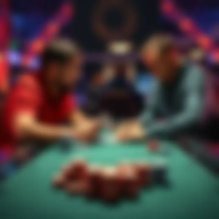 Two players at a poker table discussing a tense hand with cards visible and chips stacked in front of them.