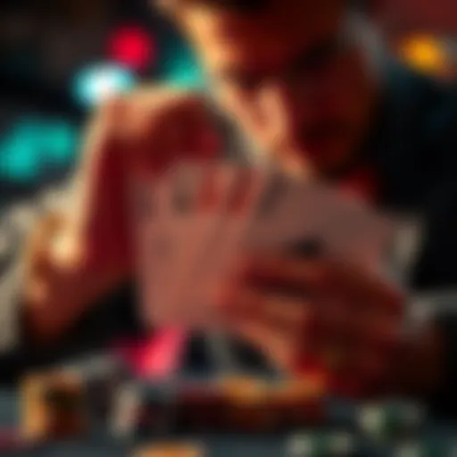 A player analyzing a poker hand with cards showing Qd and Jd, contemplating their next move