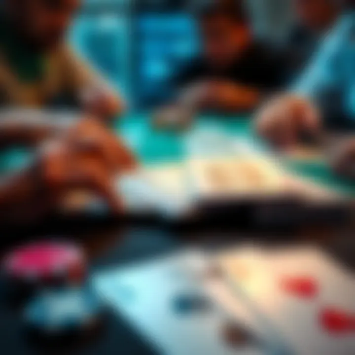 A close-up of poker cards laid out on a table, showcasing strategic betting and player concentration during a game.