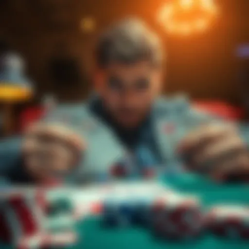 A person looking at their poker cards with a worried expression, surrounded by poker chips and a table showing community cards.