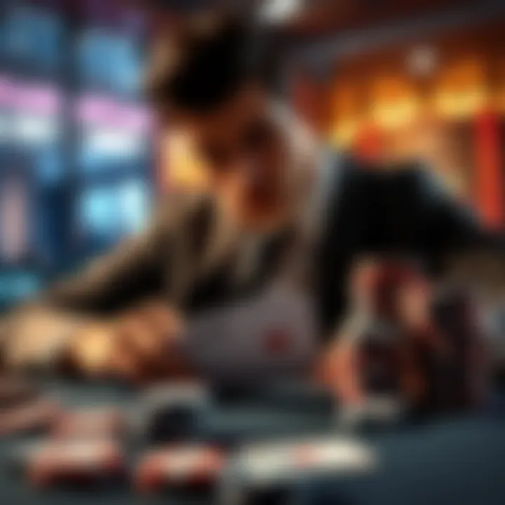 Poker hand analysis A player contemplating a poker decision with cards on the table and chips stacked nearby