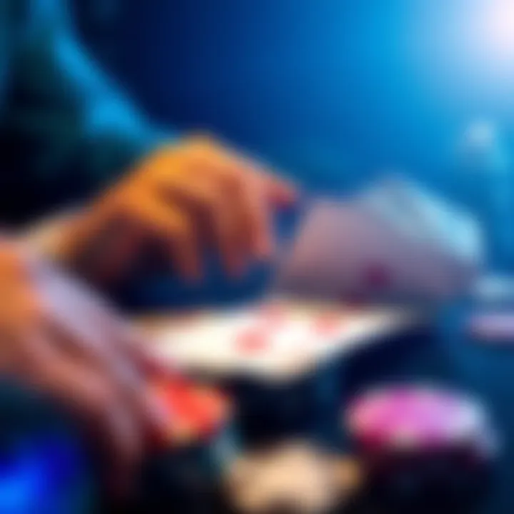 A close-up view of poker cards on a table with chips and players' hands, illustrating strategic decision-making in a game.