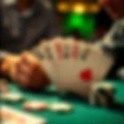 A close-up view of poker chips and cards being analyzed during a game, showcasing a complex hand situation.