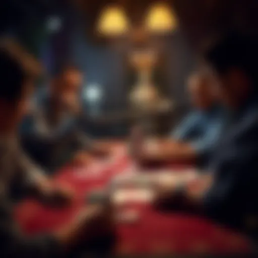 A group of players discussing a challenging poker hand at a home game, looking at cards and chips on the table.