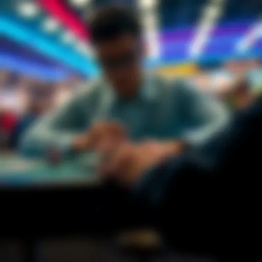 A player analyzing their poker hand at a digital table, focusing on decision-making during the game.