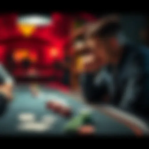 A player contemplating their decision in a tense poker game at a 5NL table, with cards and chips visible on the table.