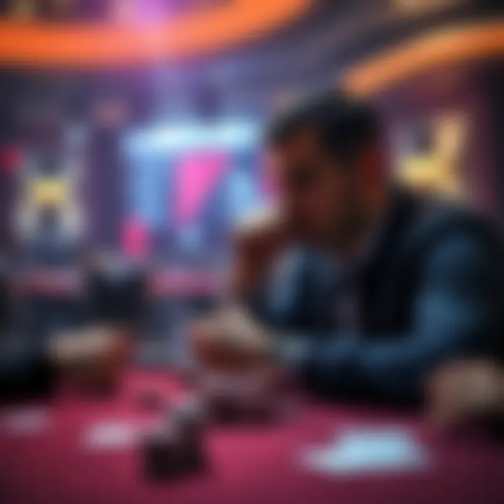 Poker hand analysis A player pondering their next move in a poker game at a table, with chips and cards in front of them.