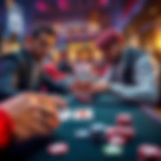 Two players at a poker table discussing a 2-5-10 hand with cards and chips visible