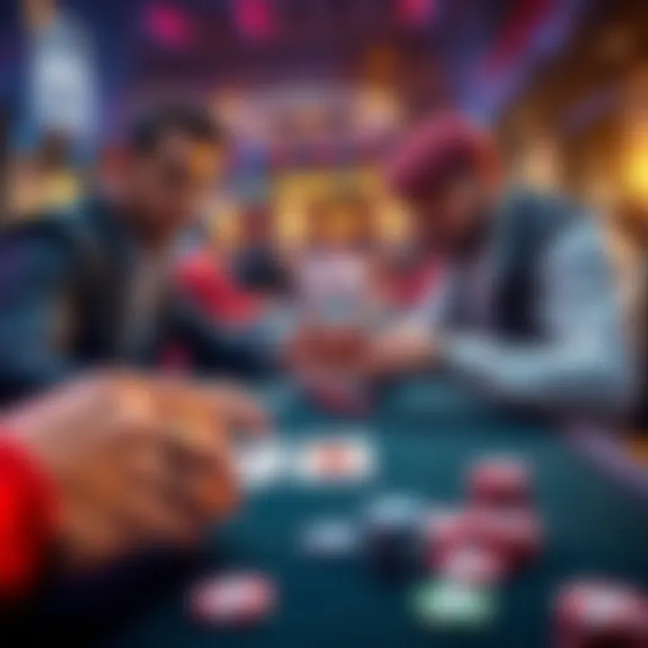 Poker hand analysis Two players at a poker table discussing a 2-5-10 hand with cards and chips visible