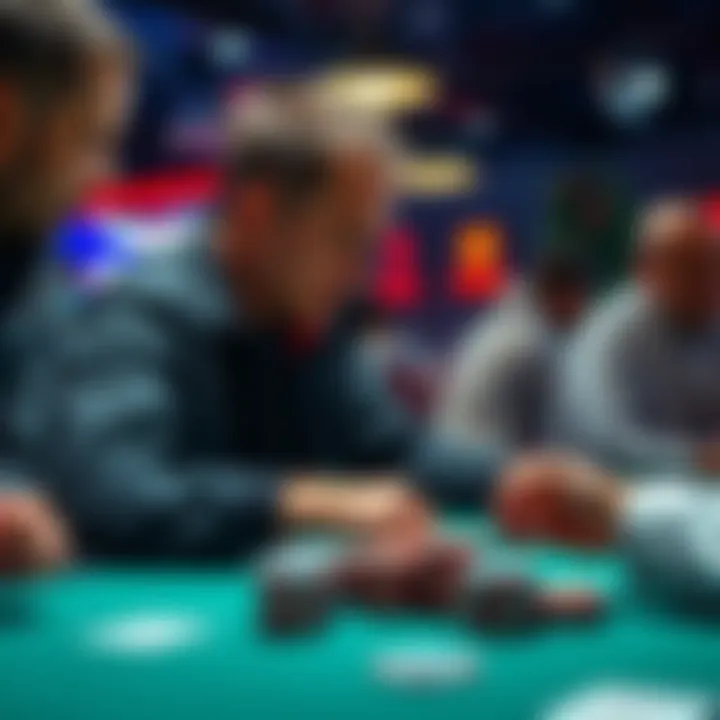 A player focused on a poker hand at the Crusty 27 SD table, discussing strategy and decisions with other players around.
