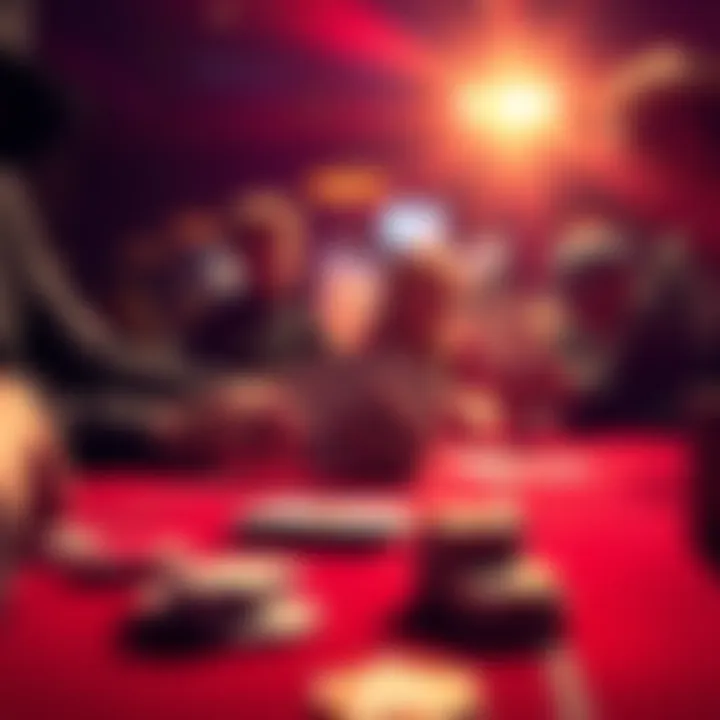 A tense moment in a poker game with players looking at their cards and the flop on the table.