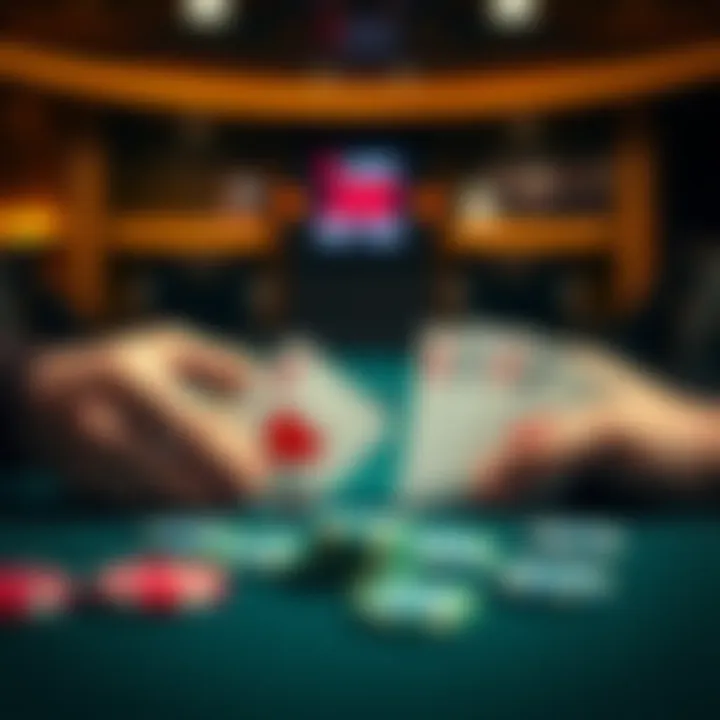 Two poker hands on a table showing cards and chips.