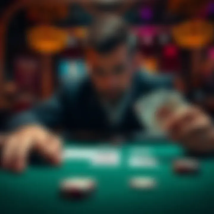 A player contemplating a crucial decision during a poker game with cards showing K, 8, 4, J on the table and a King in hand