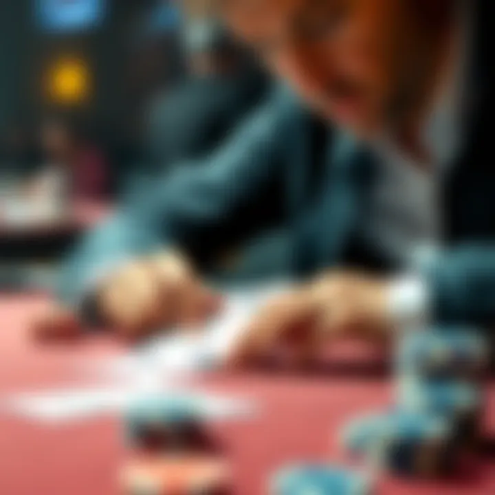 A player analyzing poker cards on a table with chips and a focused expression.