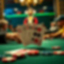 Poker hand with JJ cards on a table A close-up of a poker table showing two Jacks in a hand, with chips and players in the background thinking about their next move
