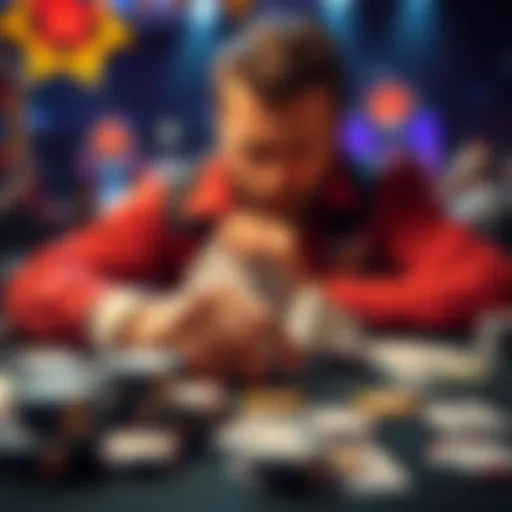 A poker player reflecting on a costly mistake during a bomb pot, surrounded by poker chips and cards on the table.