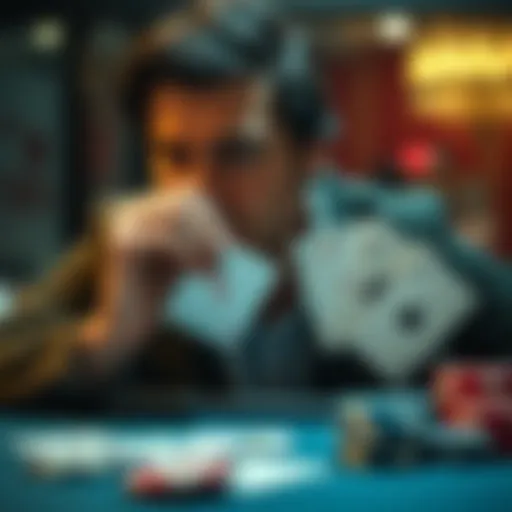 Poker Hand Reflection A person contemplating during a poker game, showing a thoughtful expression while holding playing cards.