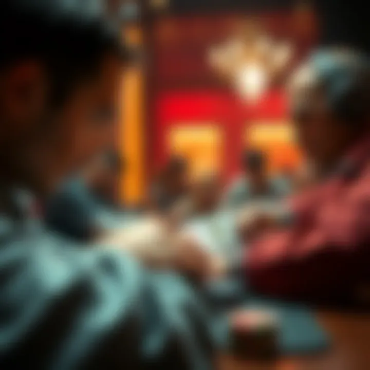 A player considers their options during a tense poker game with an aggressive opponent.