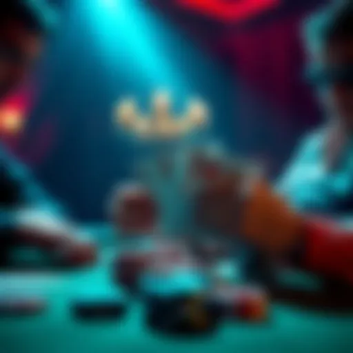 A tense poker table scene with a player holding Ace and King of hearts, contemplating a tough decision against aggressive betting from opponents.