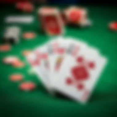 A hand of poker cards showing a straight flush in colorful designs on a green felt table