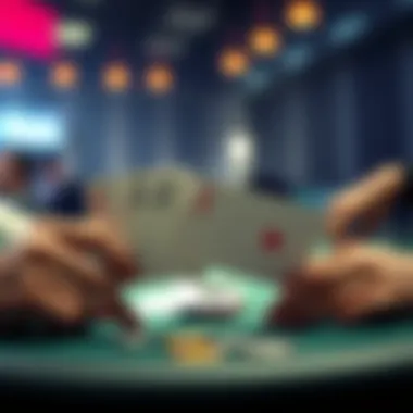 A player examining poker hands like A2-A8s and KJ at a table in a low-stakes game with chips around.