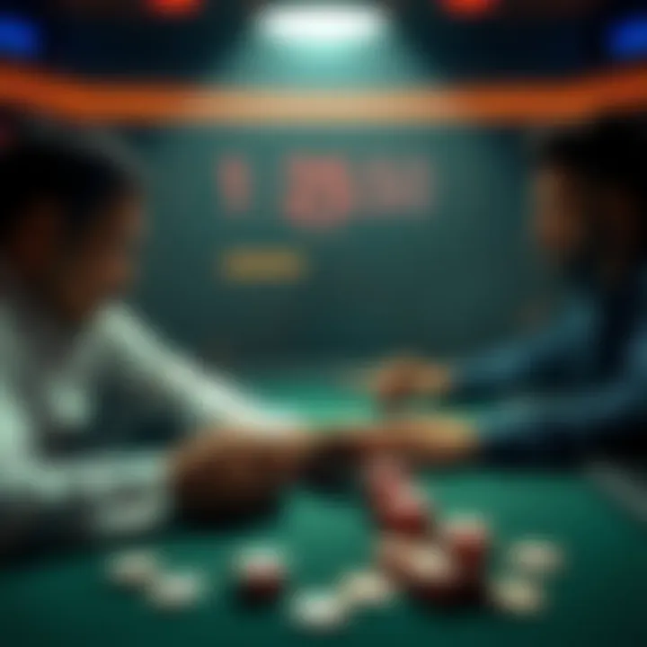 Two players engaged in a heads up poker game with chips and cards on the table